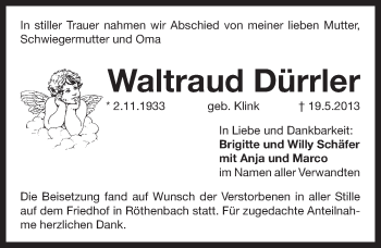 Traueranzeige von Waltraud Dürrler von Pegnitz-Zeitung
